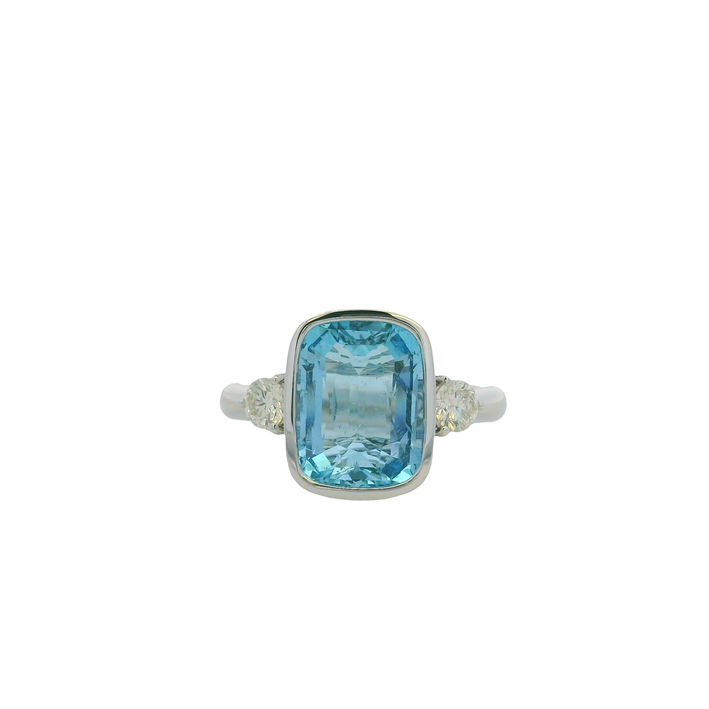 GIA 18 White Gold Natural Aquamarine& Diamonds Bezel Set Ring