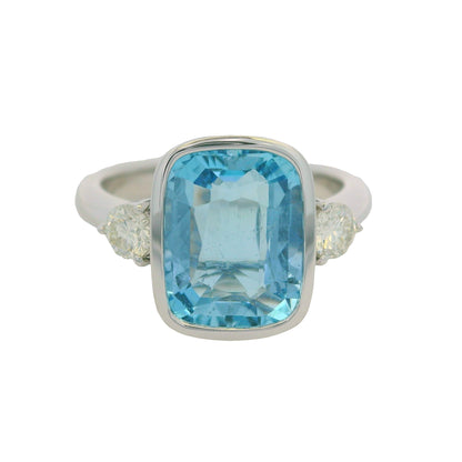 GIA 18 White Gold Natural Aquamarine& Diamonds Bezel Set Ring