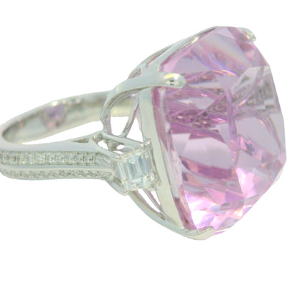 GIA 18K White Gold Natural Cushion Cut Purplish Pink Kunzite & Natural Diamond Ring