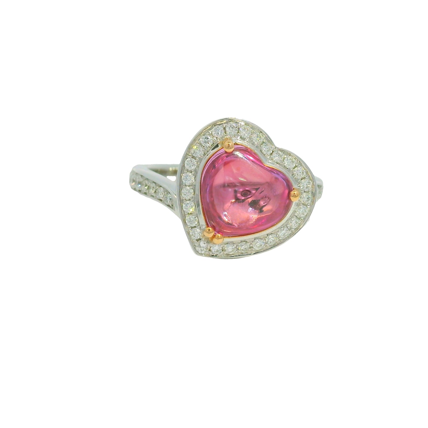 GIA 18K Two-Tone Gold Natural Purplish Pink Heart Shape Cabochon Sapphire & Diamond Ring