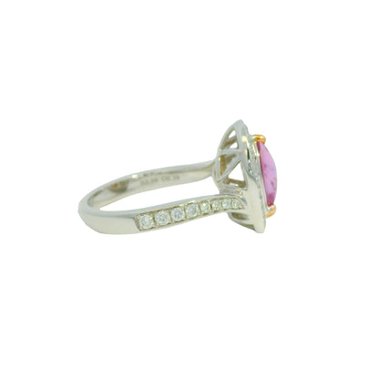 GIA 18K Two-Tone Gold Natural Purplish Pink Heart Shape Cabochon Sapphire & Diamond Ring
