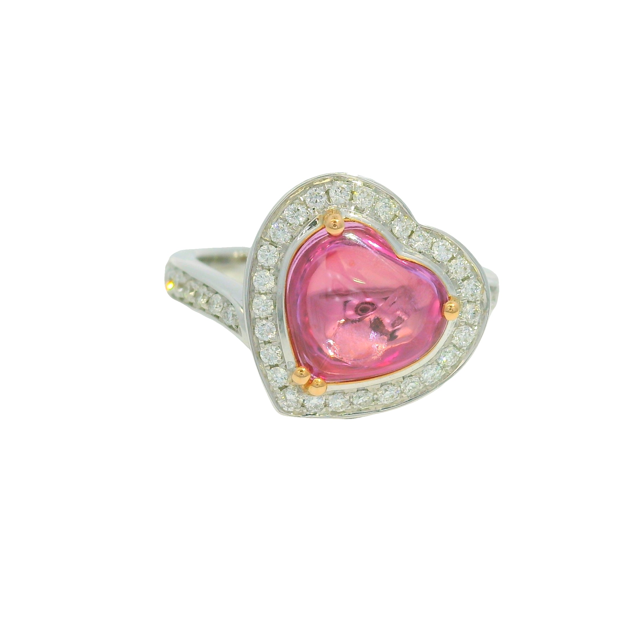 GIA 18K Two-Tone Gold Natural Purplish Pink Heart Shape Cabochon Sapphire & Diamond Ring