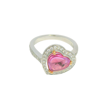 GIA 18K Two-Tone Gold Natural Purplish Pink Heart Shape Cabochon Sapphire & Diamond Ring