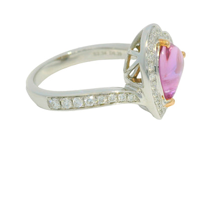 GIA 18K Two-Tone Gold Natural Purplish Pink Heart Shape Cabochon Sapphire & Diamond Ring