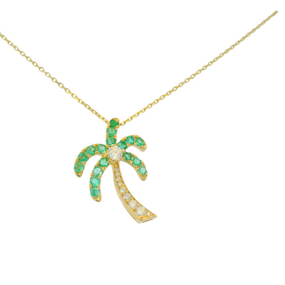 14K Yellow Gold Emerald & Diamond Palm Tree Pendant Necklace