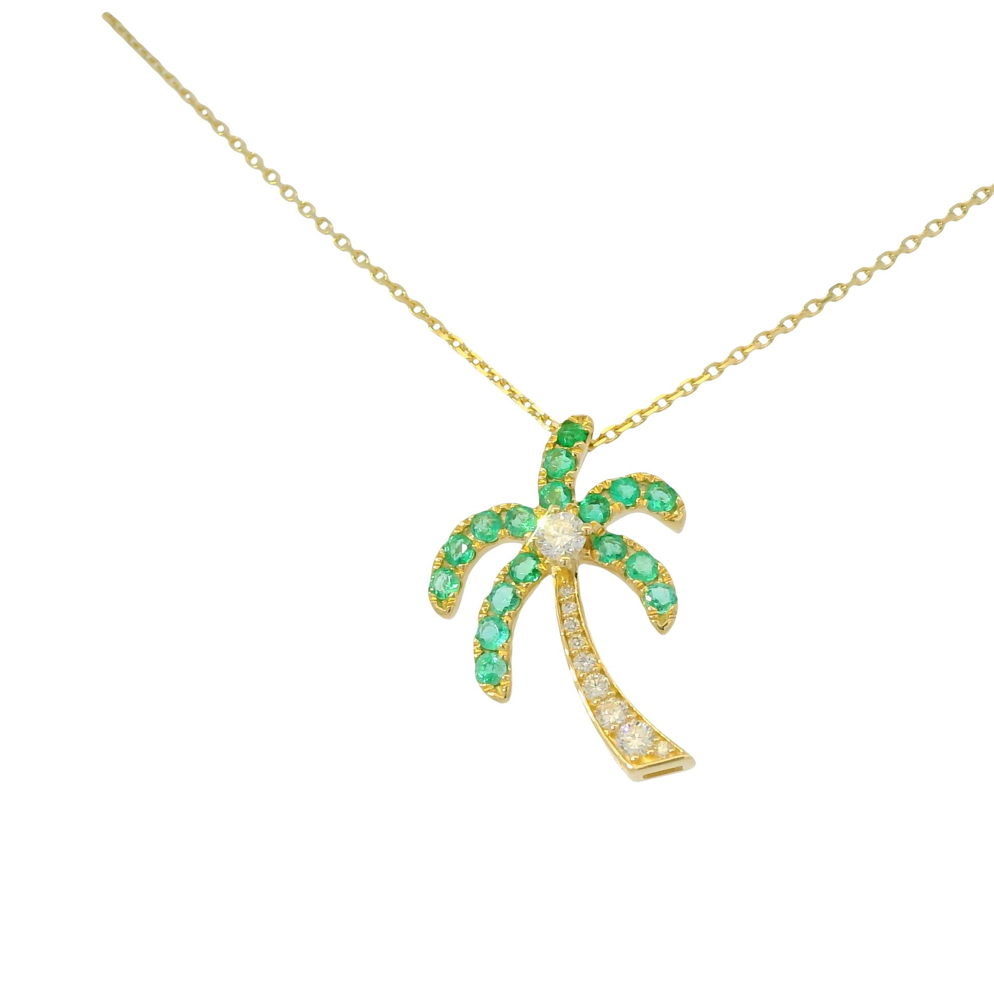 14K Yellow Gold Natural Emeralds & Diamonds Palm Tree Fashion Pendant Necklace 