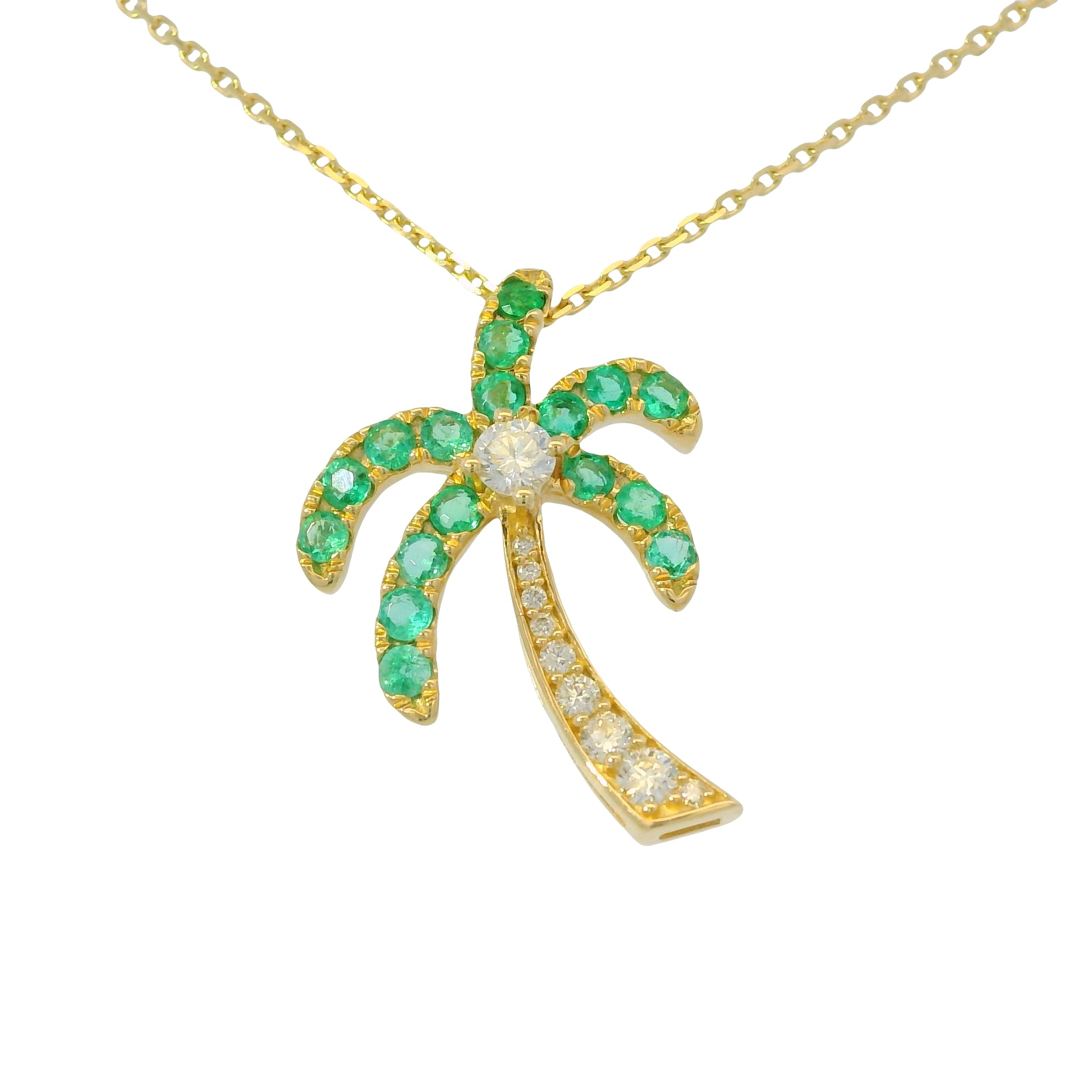 14K Yellow Gold Natural Emeralds & Diamonds Palm Tree Fashion Pendant Necklace