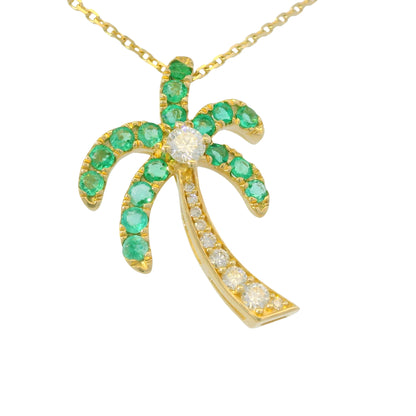 14K Yellow Gold Natural Emeralds & Diamonds Palm Tree Fashion Pendant Necklace