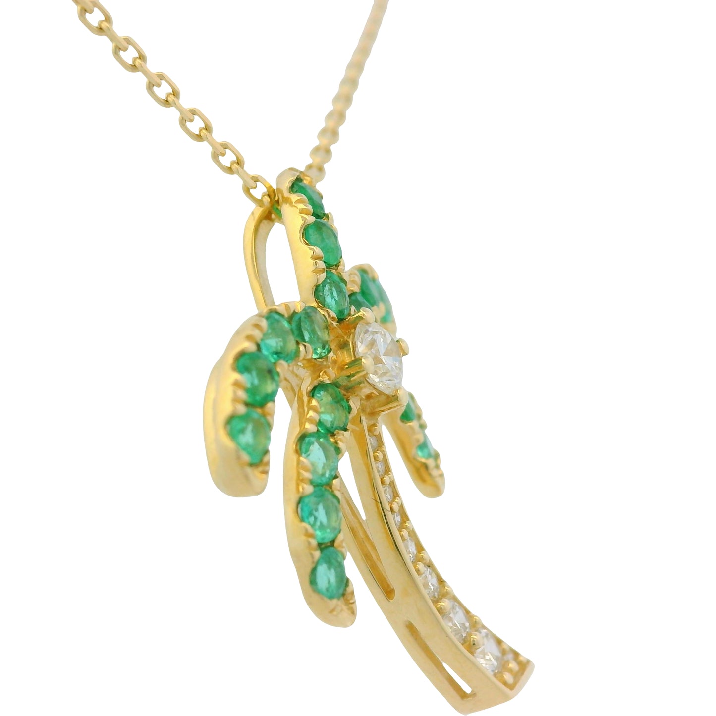 14K Yellow Gold Natural Emeralds & Diamonds Palm Tree Fashion Pendant Necklace