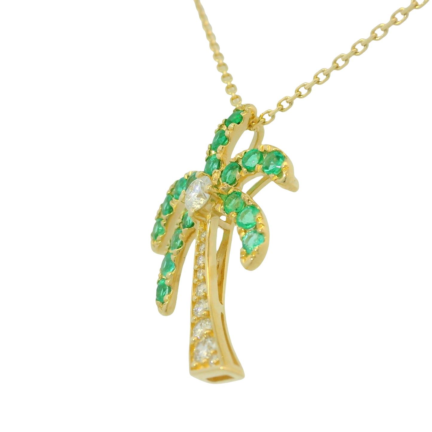 14K Yellow Gold Natural Emeralds & Diamonds Palm Tree Fashion Pendant Necklace