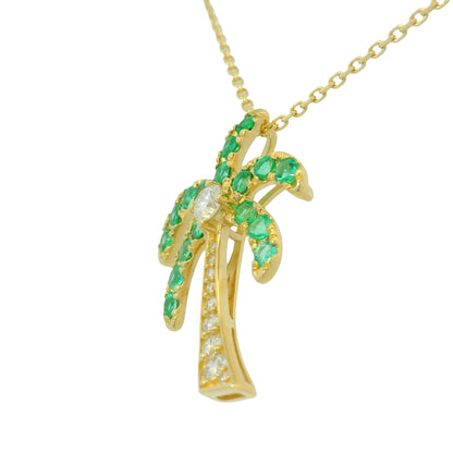 14K Yellow Gold Natural Emeralds & Diamonds Palm Tree Fashion Pendant Necklace