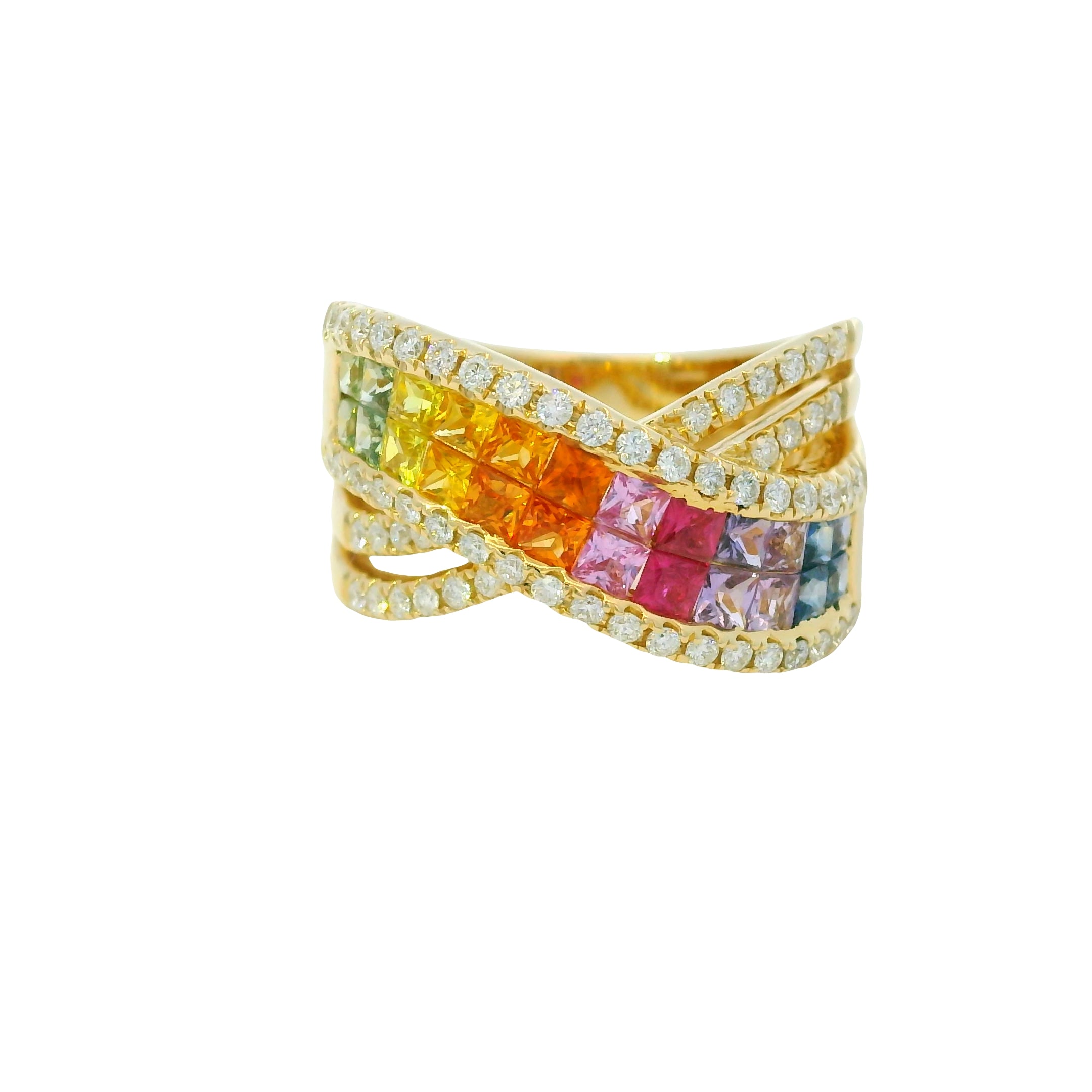 14K Yellow Gold Natural Multi Colored Sapphires Crossover Fashion Ring