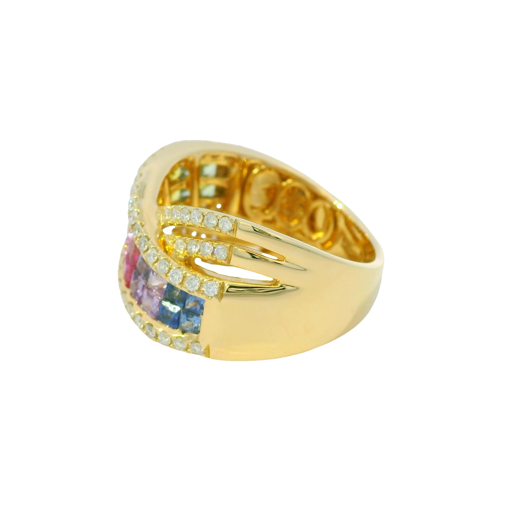 14K Yellow Gold Natural Multi Colored Sapphires Crossover Fashion Ring