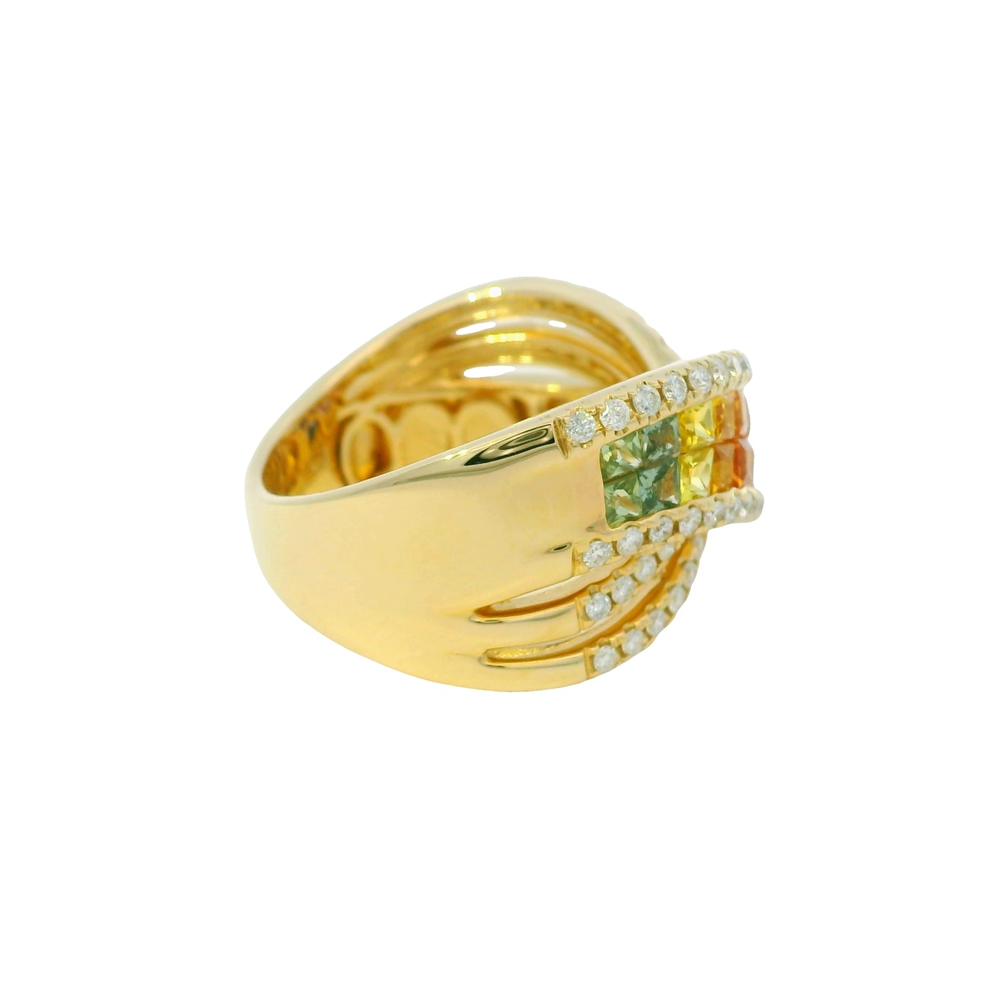 14K Yellow Gold Natural Multi Colored Sapphires Crossover Fashion Ring