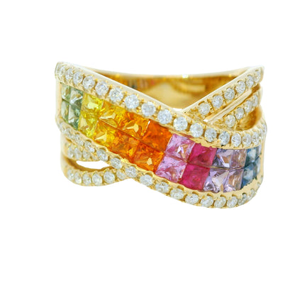 14K Yellow Gold Natural Multi Colored Sapphires Crossover Fashion Ring
