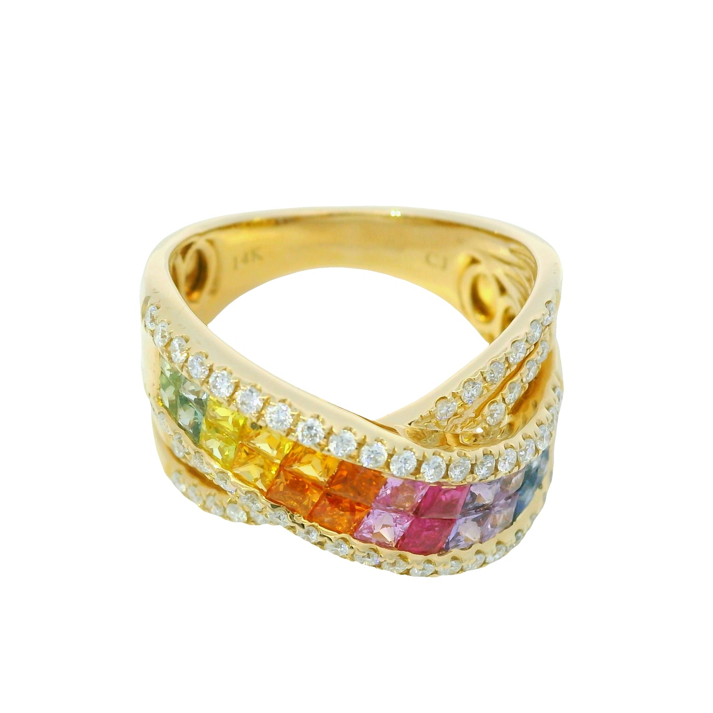 14K Yellow Gold Natural Multi Colored Sapphires Crossover Fashion Ring