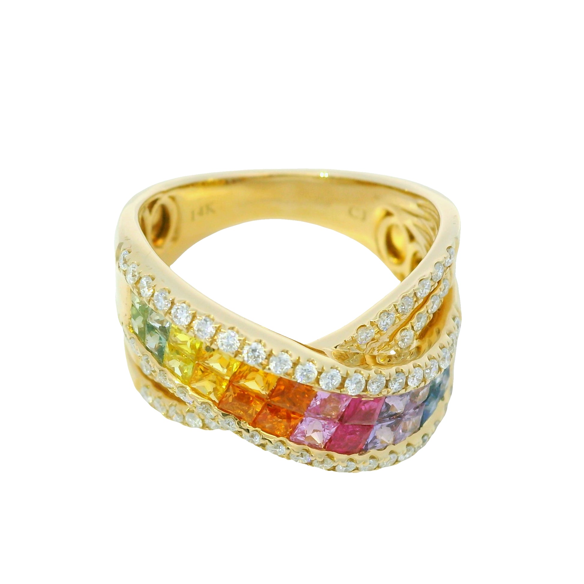 14K Yellow Gold Natural Multi Colored Sapphires Crossover Fashion Ring