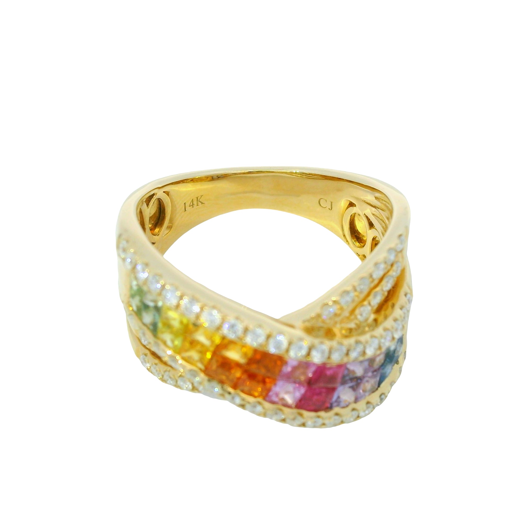 14K Yellow Gold Natural Multi Colored Sapphires Crossover Fashion Ring