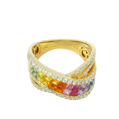 14K Yellow Gold Natural Multi Colored Sapphires Crossover Fashion Ring