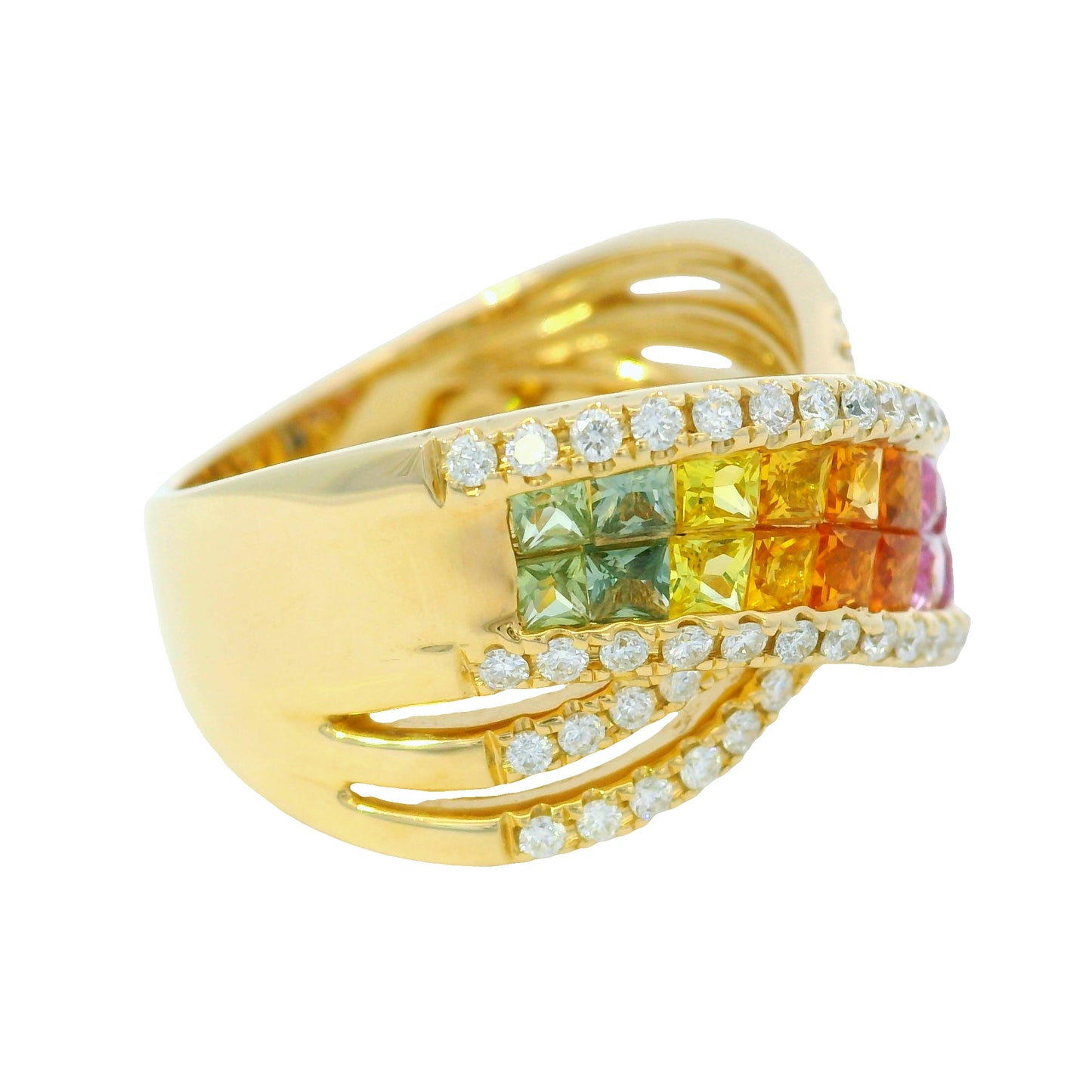14K Yellow Gold Natural Multi Colored Sapphires Crossover Fashion Ring