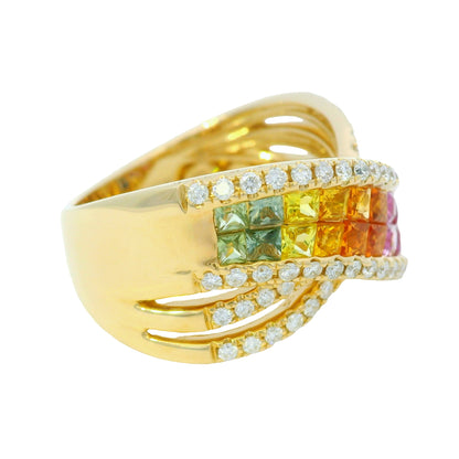 14K Yellow Gold Natural Multi Colored Sapphires Crossover Fashion Ring