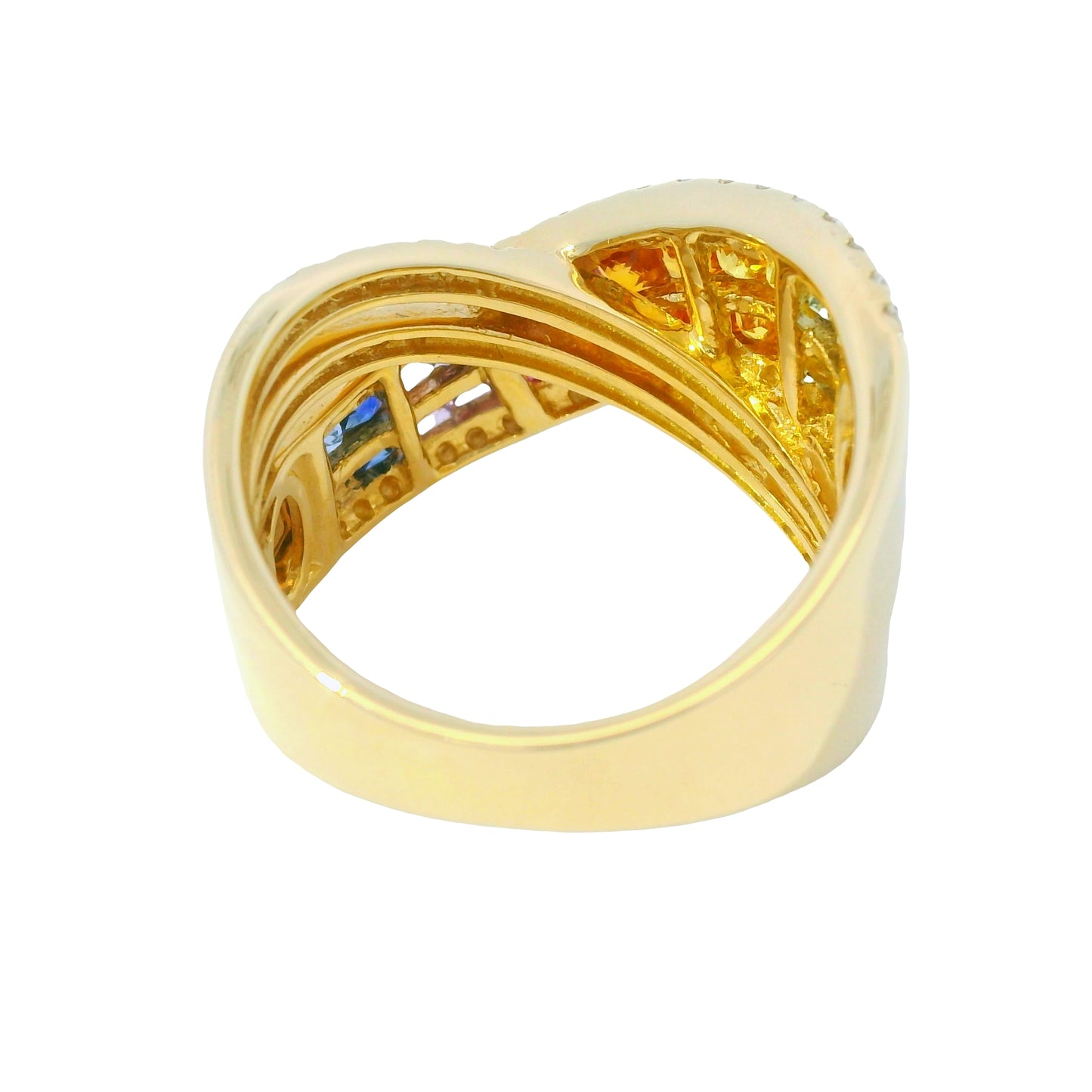 14K Yellow Gold Natural Multi Colored Sapphires Crossover Fashion Ring
