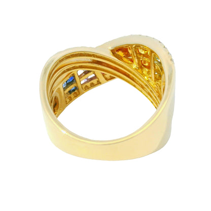14K Yellow Gold Natural Multi Colored Sapphires Crossover Fashion Ring
