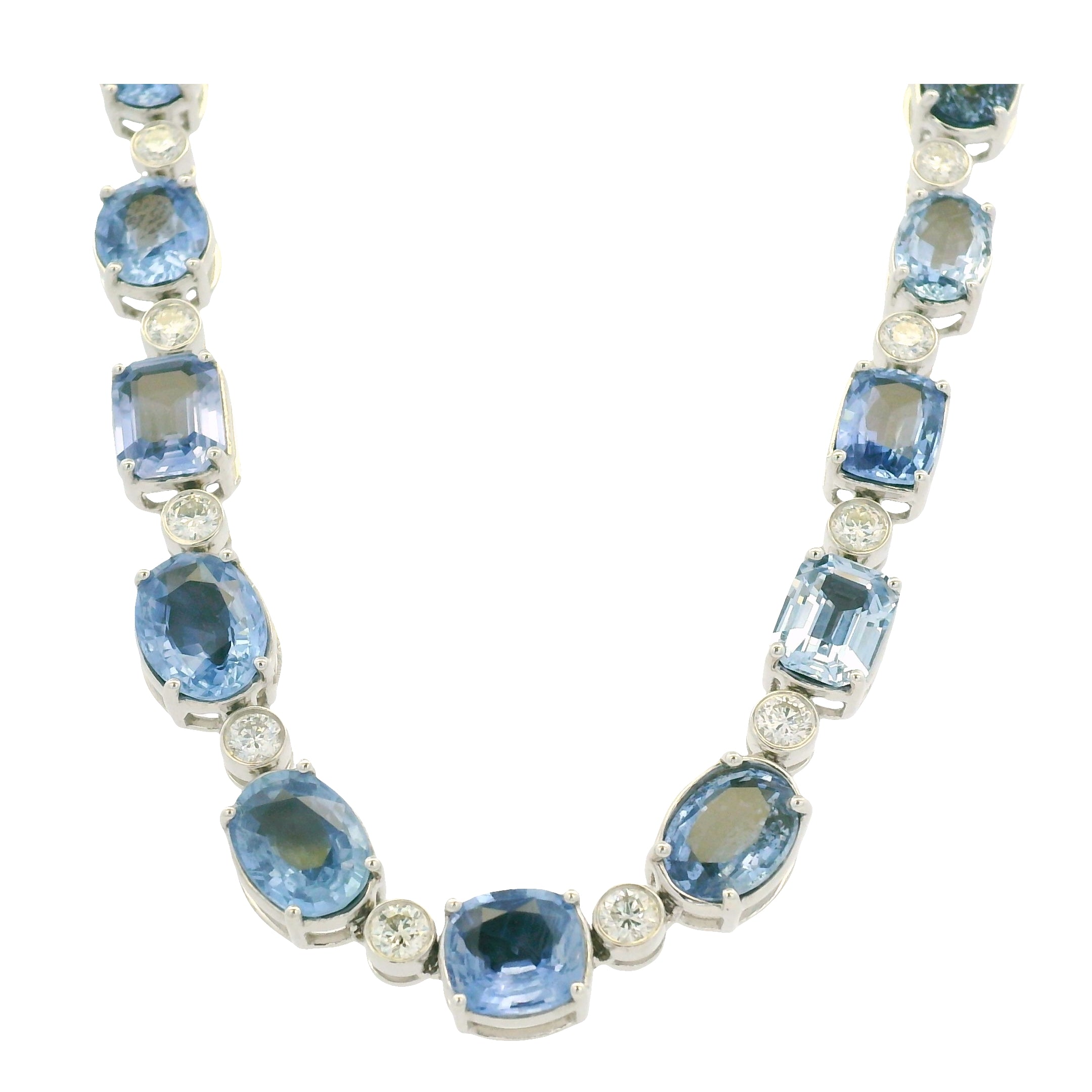 14K White Gold Natural Sapphire & Diamond Multi-Shape Station Necklace