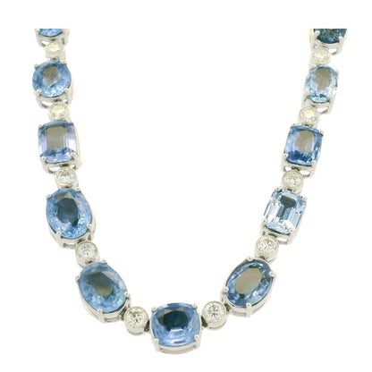 14K White Gold Natural Sapphire & Diamond Multi-Shape Station Necklace