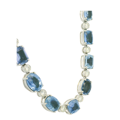 14K White Gold Natural Sapphire & Diamond Multi-Shape Station Necklace