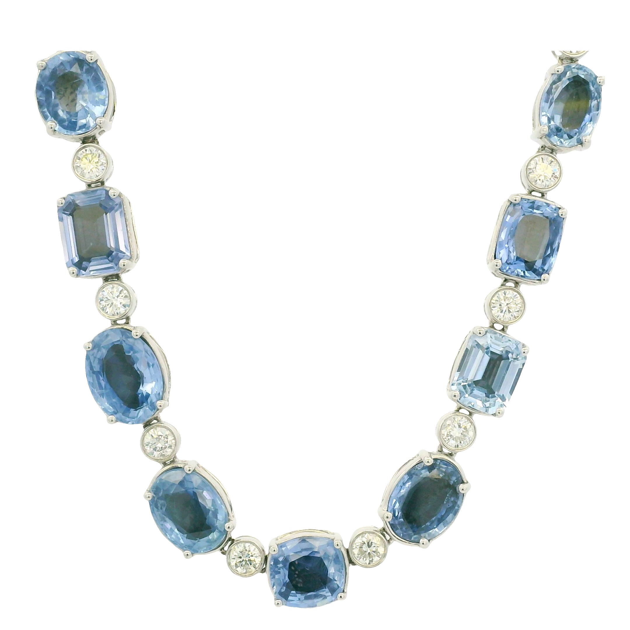 14K White Gold Natural Sapphire & Diamond Multi-Shape Station Necklace
