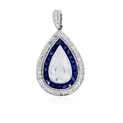 1.04ct Pear Shape Diamond and Sapphire Pendant in Platinum