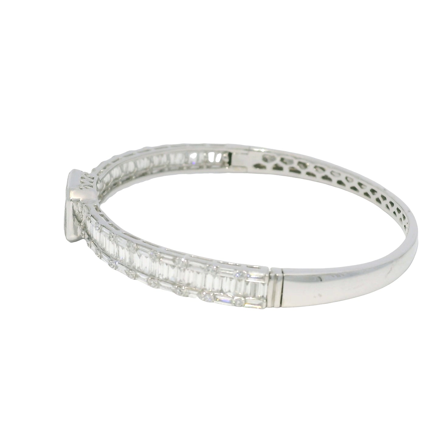 18k White Gold Natural Round Brilliant & Baguette Cut Diamond Square Station Bangle Bracelet