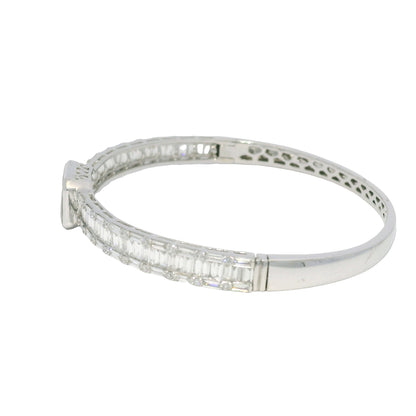 18k White Gold Natural Round Brilliant & Baguette Cut Diamond Square Station Bangle Bracelet