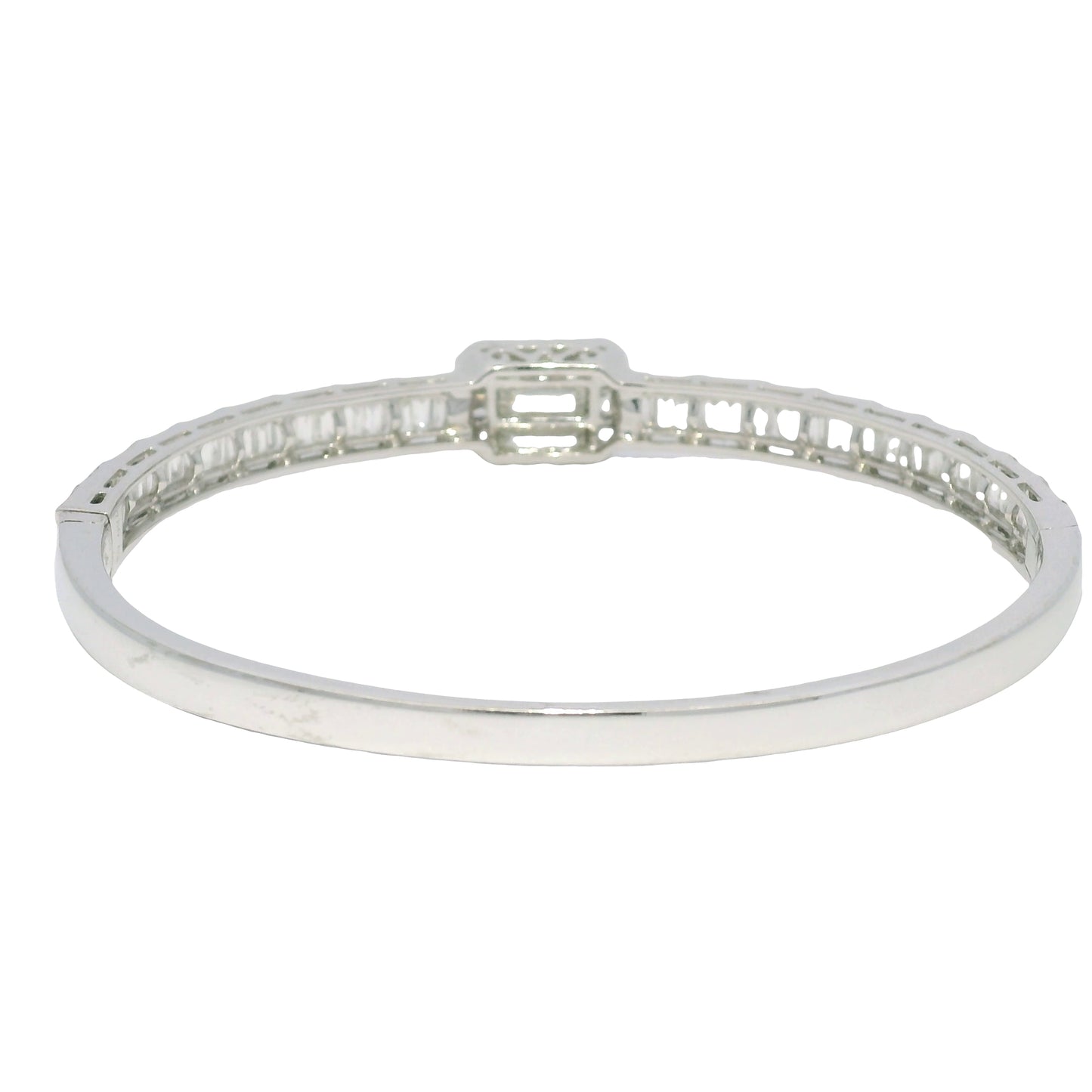 18k White Gold Natural Round Brilliant & Baguette Cut Diamond Square Station Bangle Bracelet