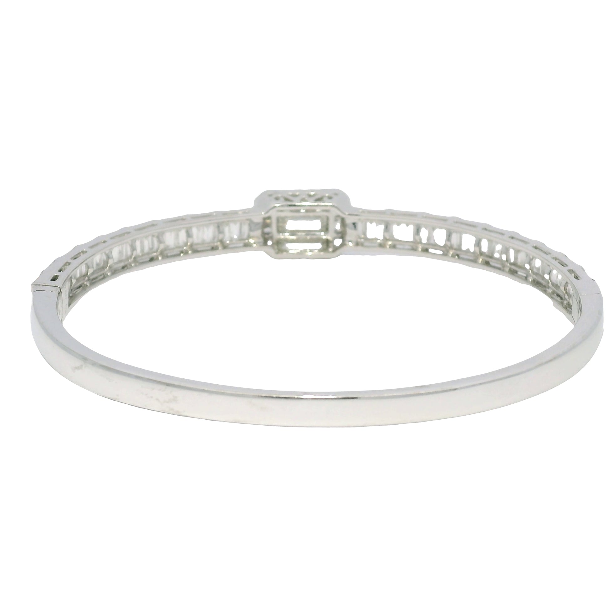 18k White Gold Natural Round Brilliant & Baguette Cut Diamond Square Station Bangle Bracelet