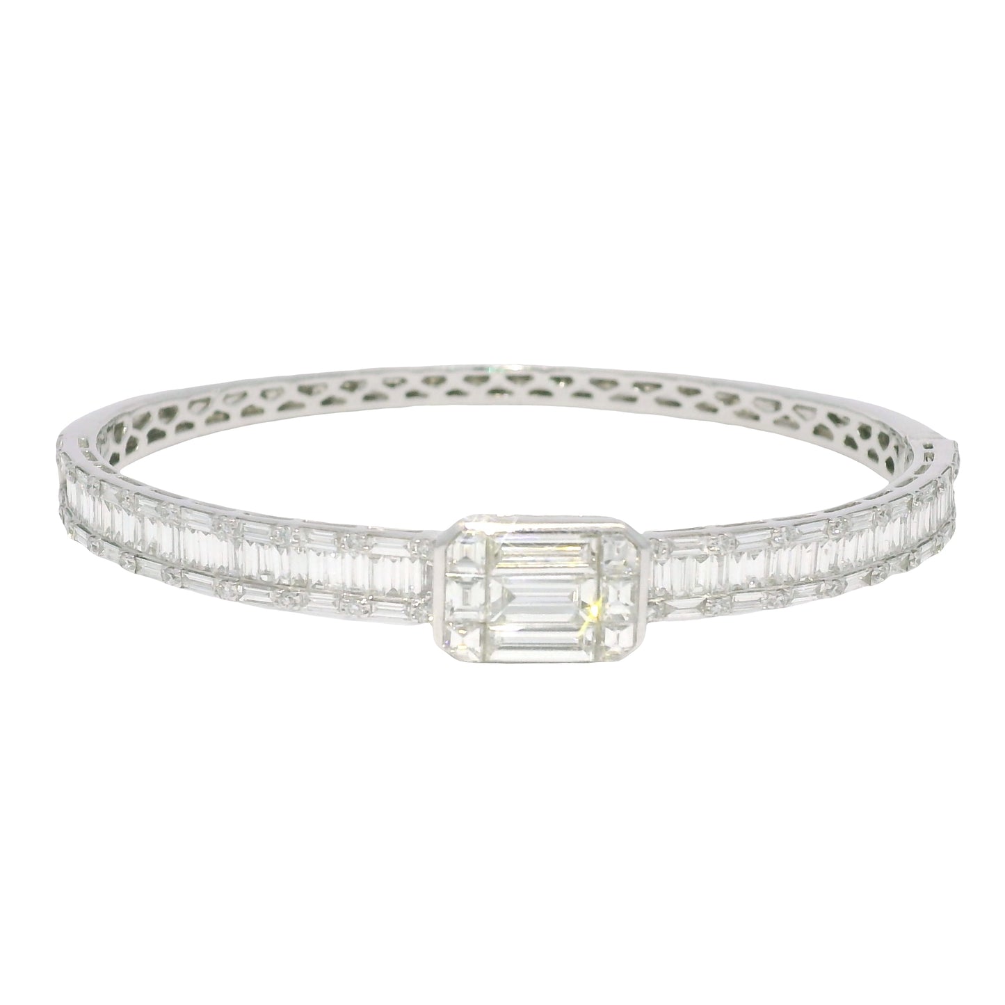 18k White Gold Natural Round Brilliant & Baguette Cut Diamond Square Station Bangle Bracelet