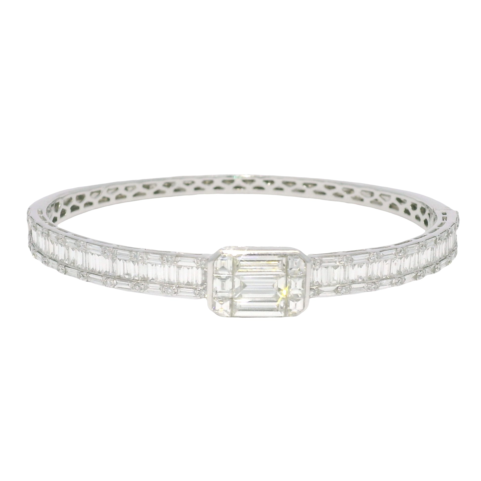 18k White Gold Natural Round Brilliant & Baguette Cut Diamond Square Station Bangle Bracelet