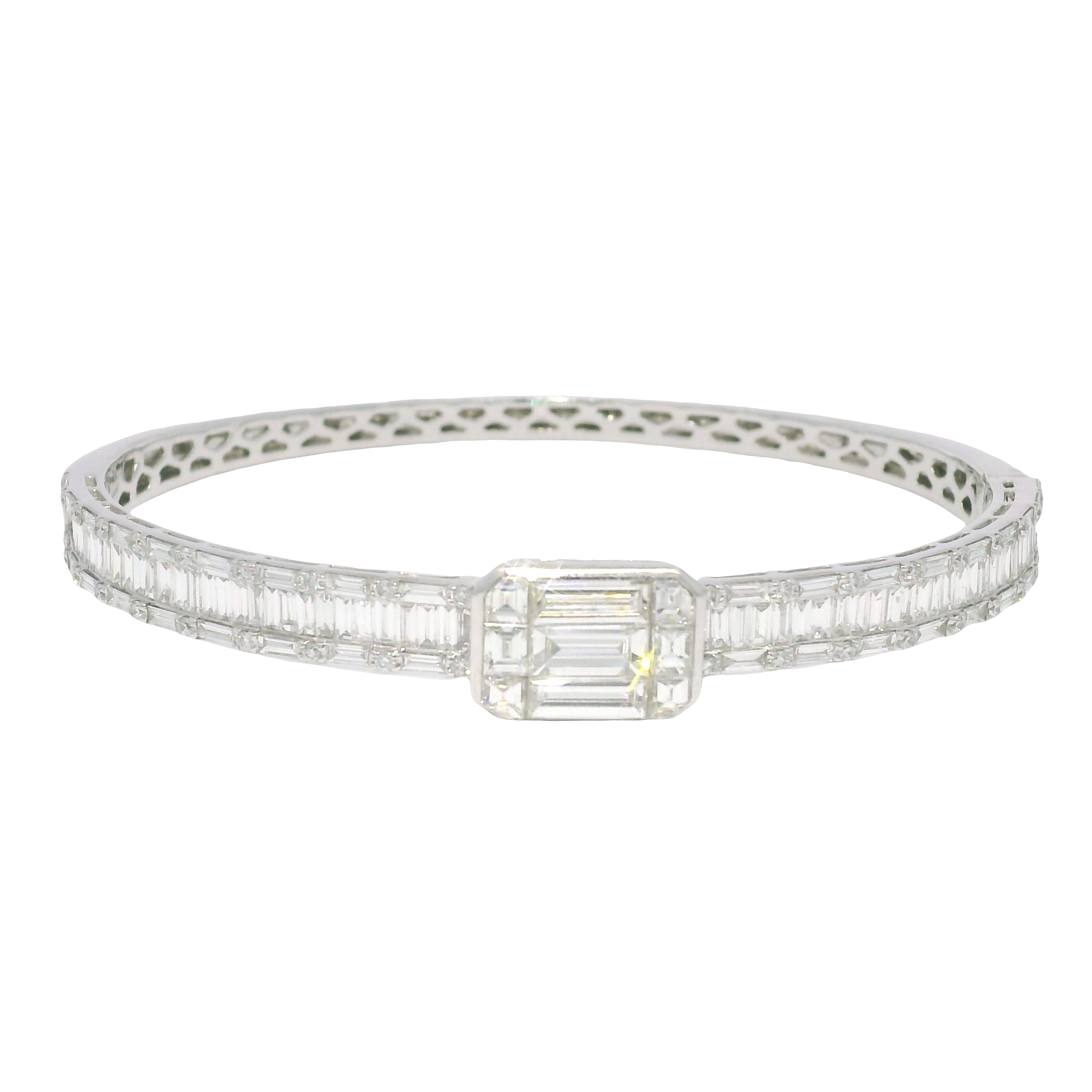 18k White Gold Natural Round Brilliant & Baguette Cut Diamond Square Station Bangle Bracelet