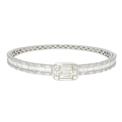 18k White Gold Natural Round Brilliant & Baguette Cut Diamond Square Station Bangle Bracelet