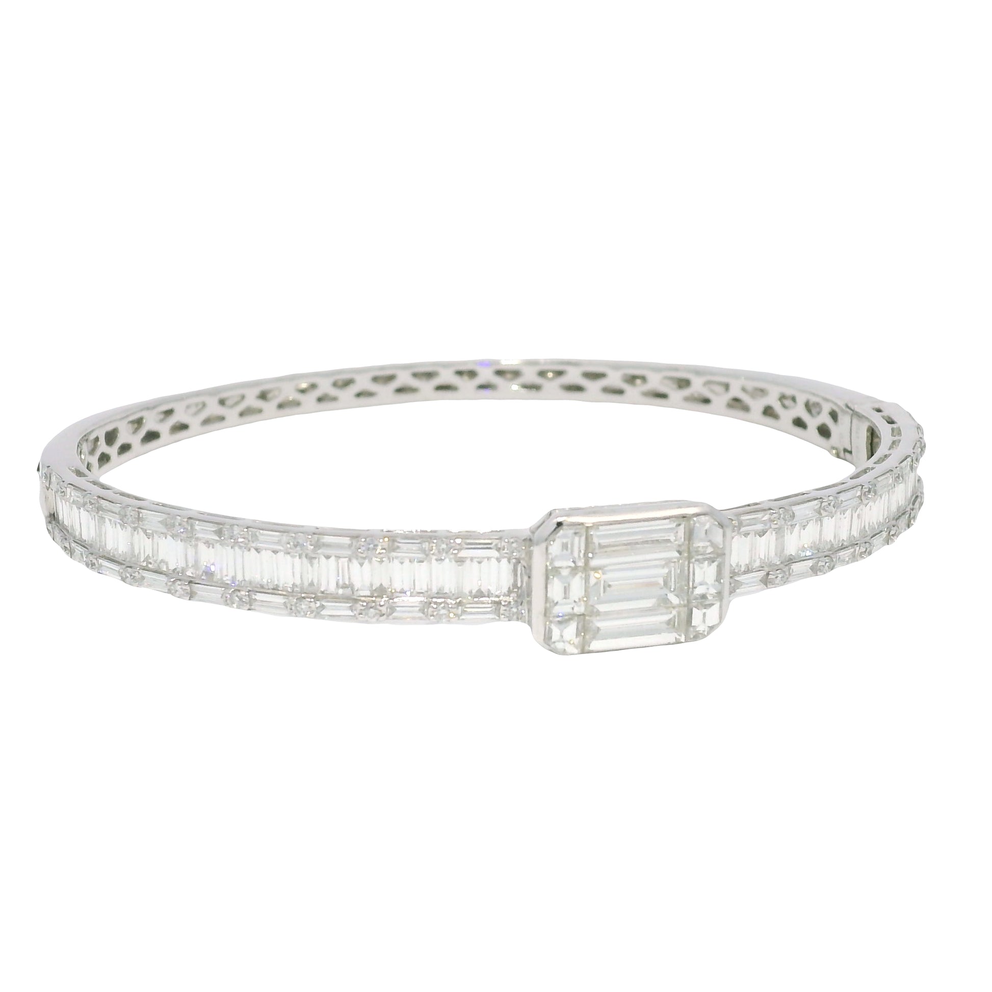18k White Gold Natural Round Brilliant & Baguette Cut Diamond Square Station Bangle Bracelet