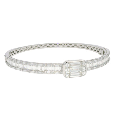 18k White Gold Natural Round Brilliant & Baguette Cut Diamond Square Station Bangle Bracelet