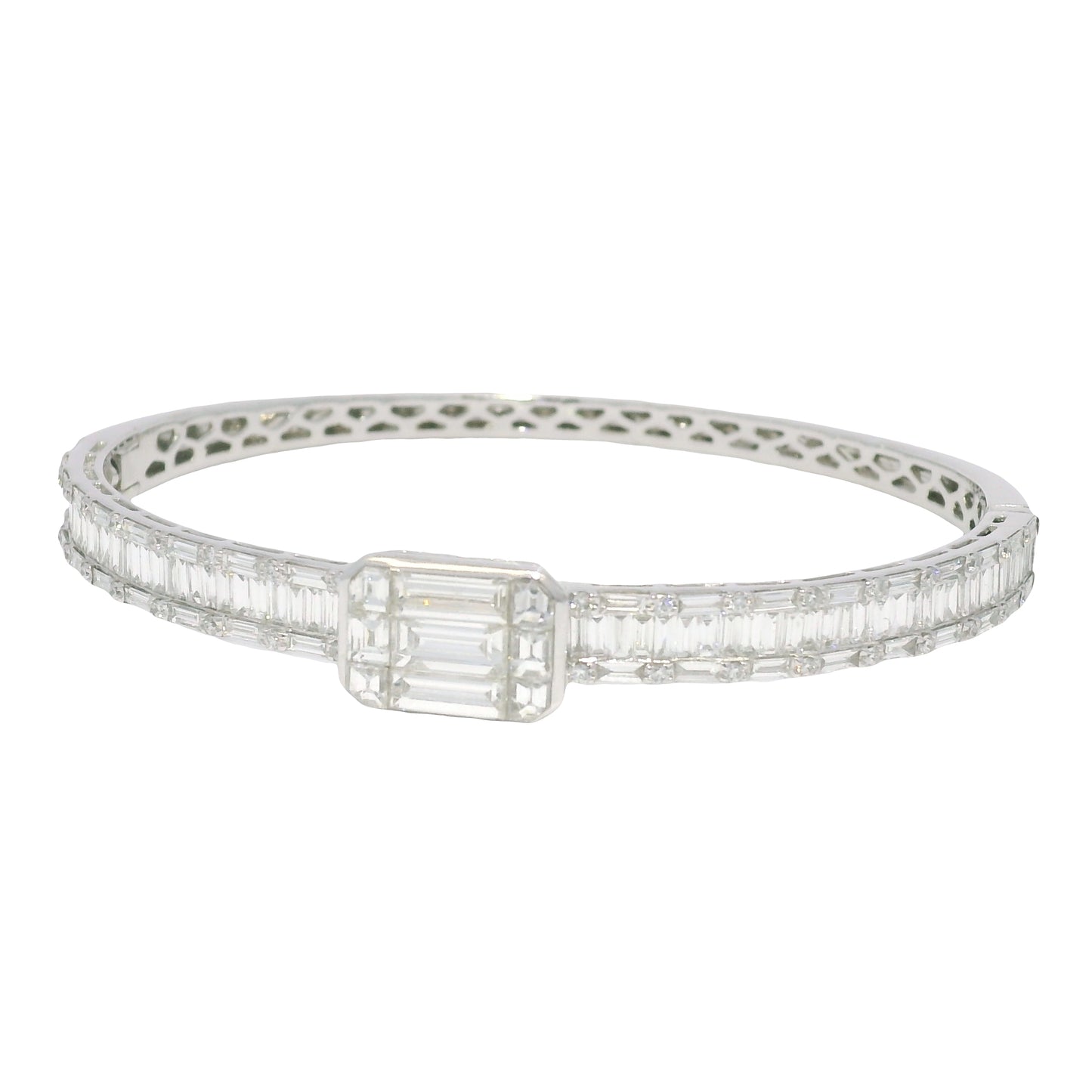 18k White Gold Natural Round Brilliant & Baguette Cut Diamond Square Station Bangle Bracelet