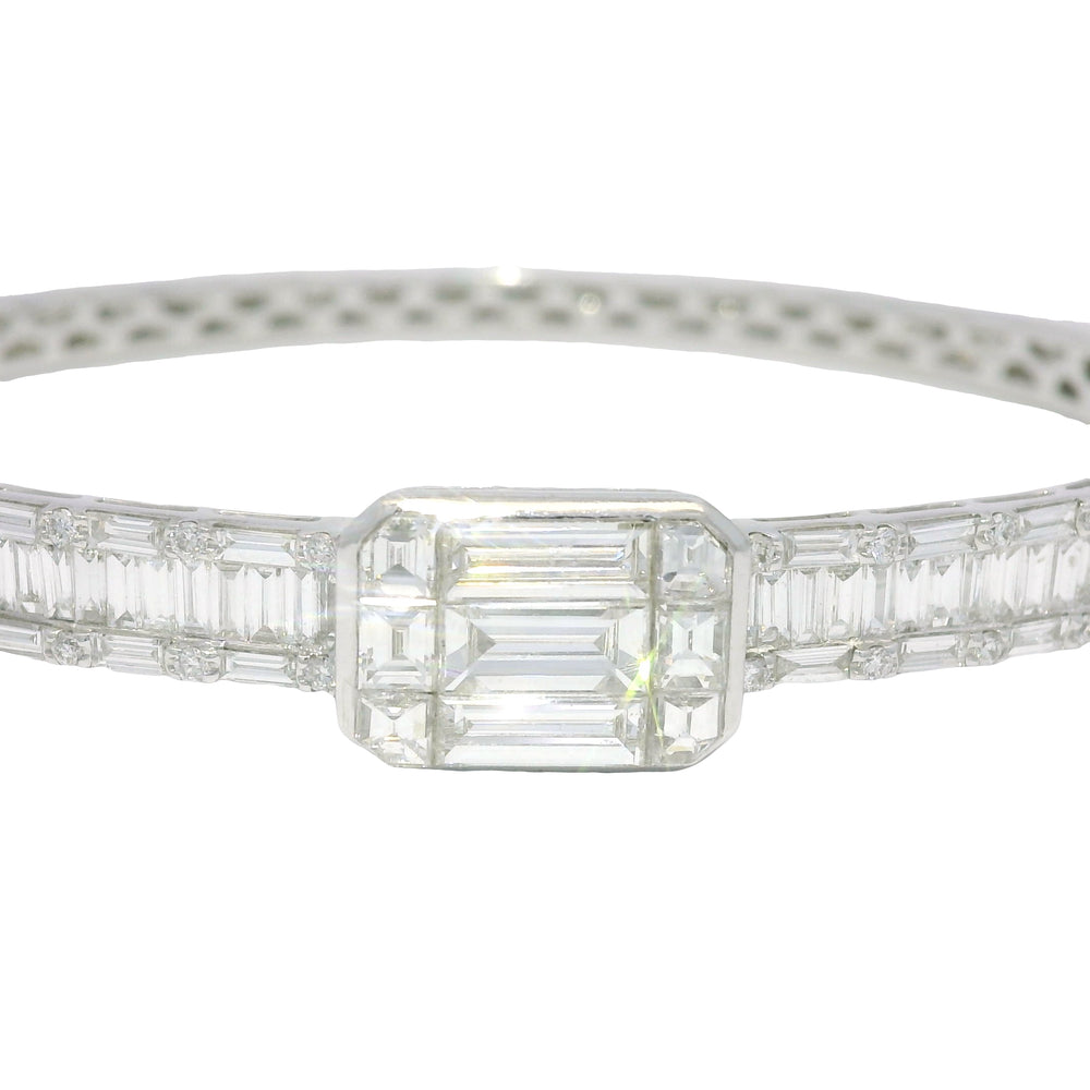 18k White Gold Natural Round Brilliant & Baguette Cut Diamond Square Station Bangle Bracelet