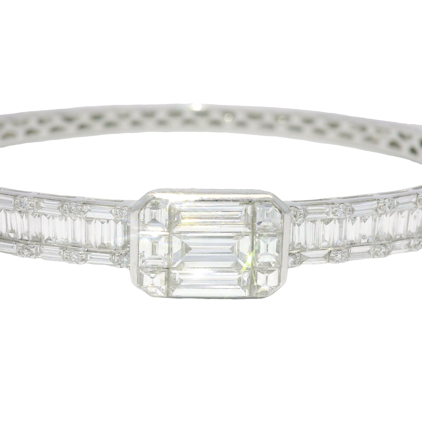18k White Gold Natural Round Brilliant & Baguette Cut Diamond Square Station Bangle Bracelet