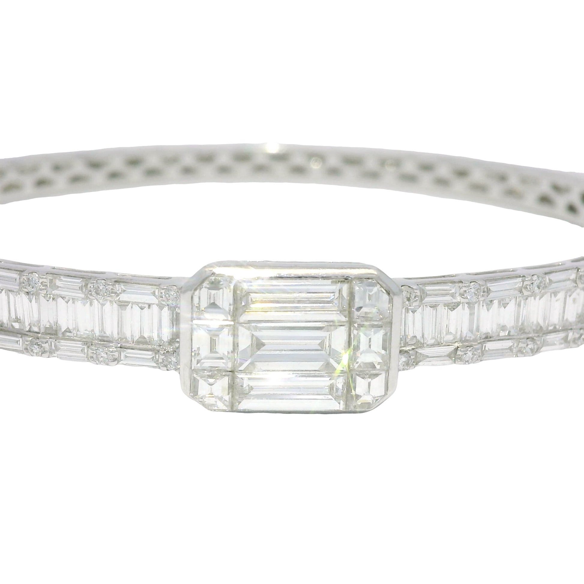 18k White Gold Natural Round Brilliant & Baguette Cut Diamond Square Station Bangle Bracelet