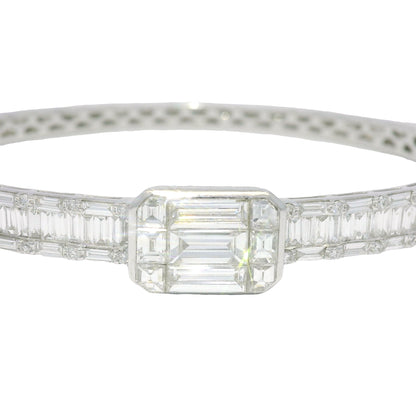 18k White Gold Natural Round Brilliant & Baguette Cut Diamond Square Station Bangle Bracelet