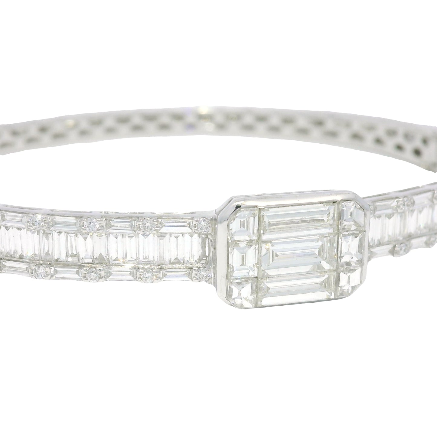 18k White Gold Natural Round Brilliant & Baguette Cut Diamond Square Station Bangle Bracelet