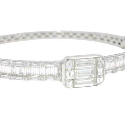 18k White Gold Natural Round Brilliant & Baguette Cut Diamond Square Station Bangle Bracelet
