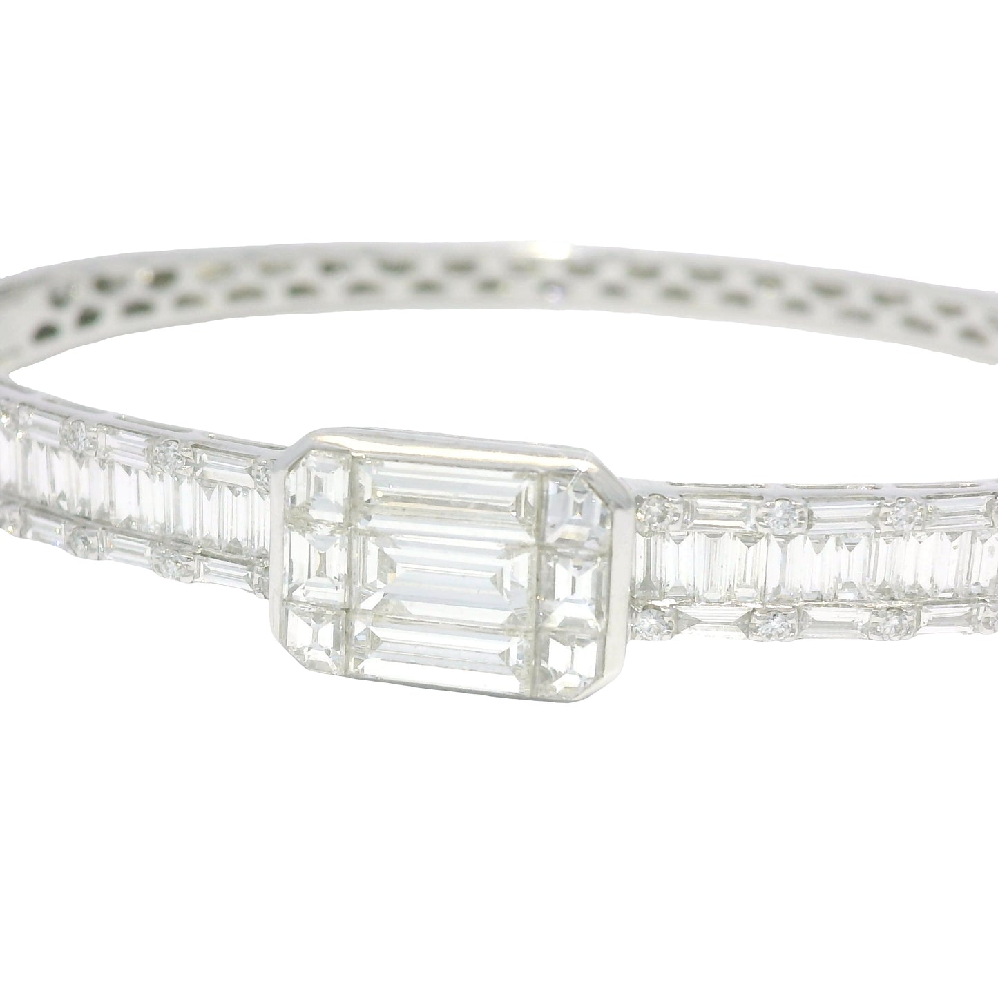 18k White Gold Natural Round Brilliant & Baguette Cut Diamond Square Station Bangle Bracelet